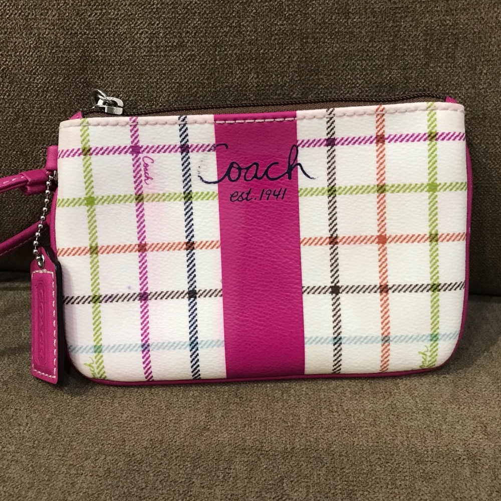 Coach wristlet - fuchsia tattersall plaid